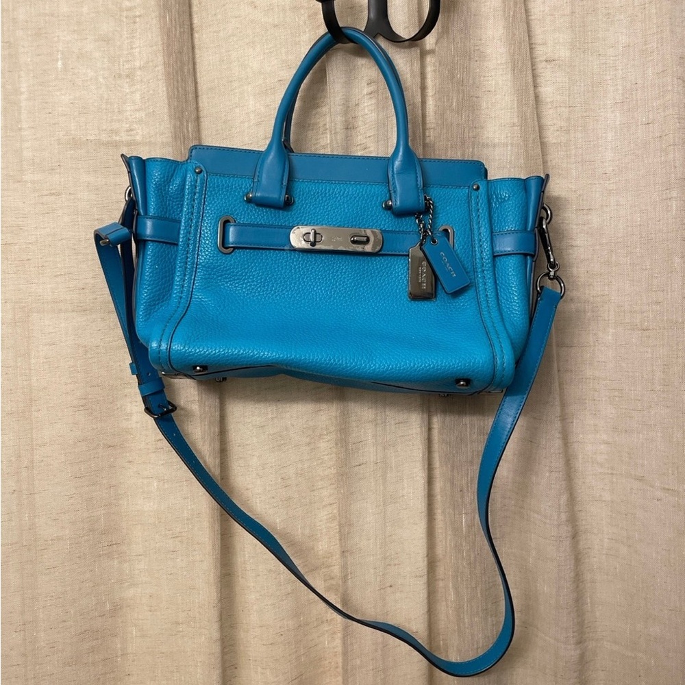 Coach Blue Shoulder Bag with Silver Hardware and Adjustable Strap